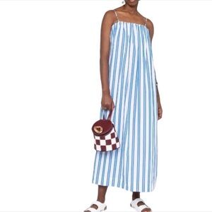 NWT GANNI Dress Striped Organic Cotton Midi Small Blue and White Sz 36 US S